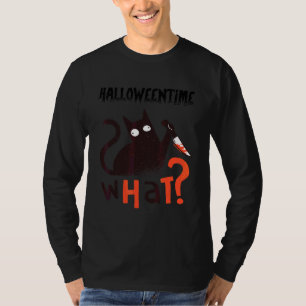 Gruselige schwarze Halloween-Katze mit einem Messe T-Shirt