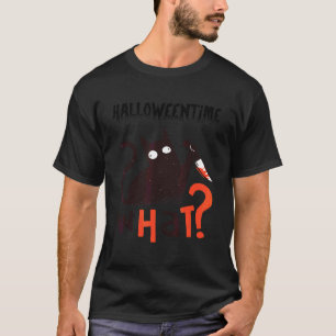Gruselige schwarze Halloween-Katze mit einem Messe T-Shirt