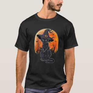 Gruselige schwarze Halloween-Katze mit Hexenhut T-Shirt