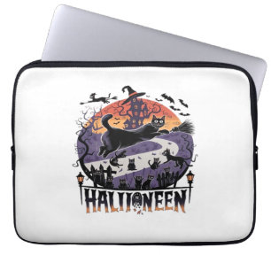 Gruselige schwarze Halloween-Katze Nacht – Vintage Laptopschutzhülle