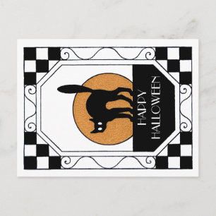 Gruselige schwarze Katze - Art Deco Postkarte