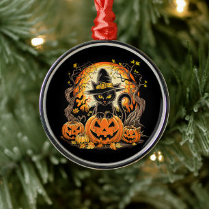 Gruselige schwarze Katze Hexe Kürbis Herbst Ornament Aus Metall