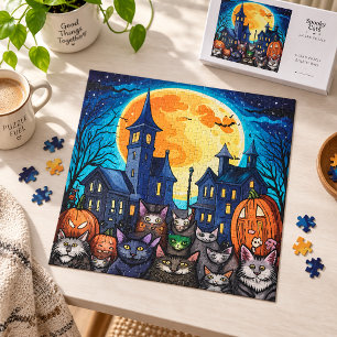 Gruselige schwarze Katzen im verlassenen Dorf in d Puzzle