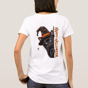 Gruselige schwarze Katzenhexenmütze Halloween T-Shirt