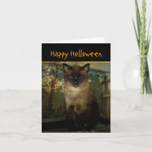 Gruselige siamesische Katze Halloween-Grußkarte Karte