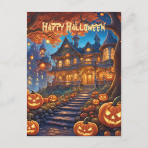 Gruselige Villa im Wald, Kürbisse, Halloween Postkarte