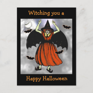 Gruselige Vintage-Halloween-Fledermaus-Hexe-Postka Postkarte