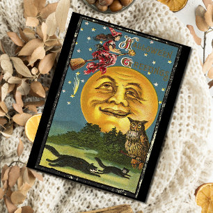 Gruselige Vintage-Halloween-Grüße: Hexe fliegt auf Postkarte
