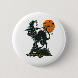 Gruselige Vintage-Halloween-Katze mit grünen Augen Button