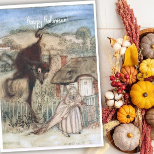 Gruselige Vintage-Hexe und schwarze Katze Arthur R Karte
