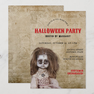 Gruselige Vintage-Puppe Halloween-Kostenüm-Party Einladung