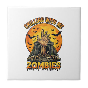 Gruselige Zombies Hand Grabstein Vollmond Fledermä Fliese