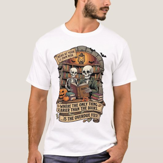 Gruseliger als Bücher Überfällige Gebühren Skelett T-Shirt (Vorderseite)