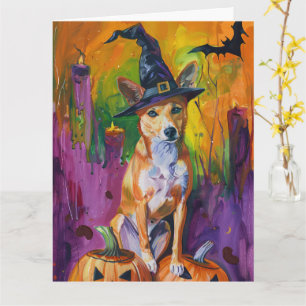 Gruseliger Basenji Halloween Hexe und Kürbis Karte