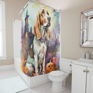 Gruseliger Basset Hound mit Kürbissen Halloween Duschvorhang