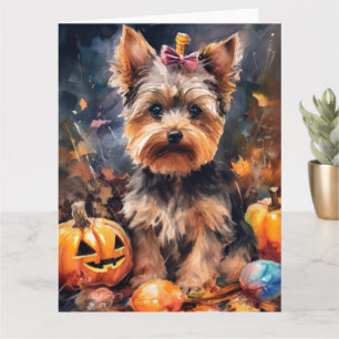 Gruseliger Biewer Terrier mit Kürbissen Halloween Karte