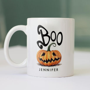 Gruseliger Boo Orange Schwarzer Halloween-Kürbis-N Zweifarbige Tasse