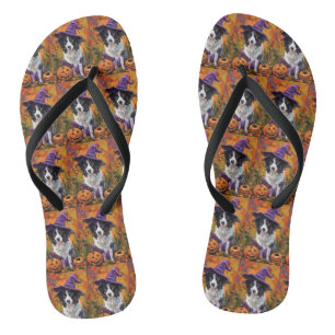 Gruseliger Border Collie Halloween Hexe und Kürbis Badesandalen