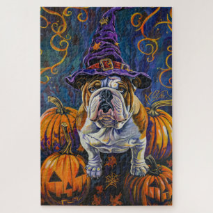 Gruseliger Bulldogge Halloween Hexe und Kürbis Puzzle