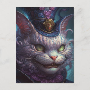 Gruseliger Cheshire-Katze in einem lila Zylinder V Postkarte