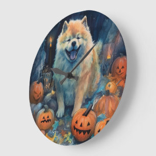 Gruseliger Chow Chow Halloween mit Kürbissen  Große Wanduhr