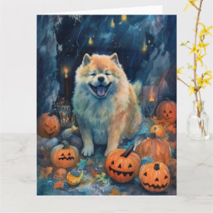 Gruseliger Chow Chow mit Kürbissen Halloween  Karte