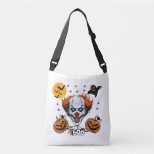 Gruseliger Clown Halloween-Szene mit Kürbissen Tragetaschen Mit Langen Trägern