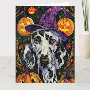 Gruseliger Dalmatiner-Hund Halloween-Hexe und Kürb Karte