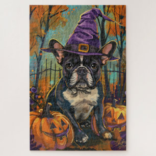 Gruseliger französischer Bulldogge Halloween Hexe  Puzzle
