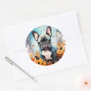 Gruseliger französischer Bulldogge mit Kürbissen H Runder Aufkleber