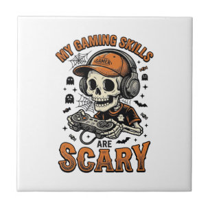 Gruseliger Gamer-Skelett-Vintage-Halloween-Shirt-D Fliese