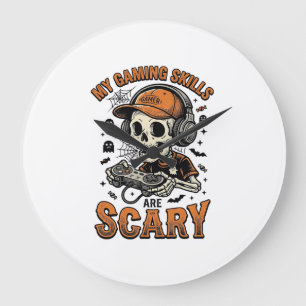 Gruseliger Gamer-Skelett-Vintage-Halloween-Shirt-D Große Wanduhr