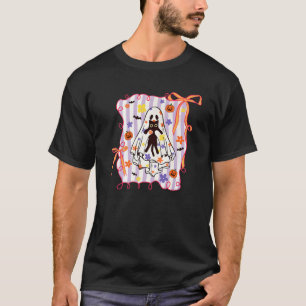 Gruseliger Geist hält Katze Coquette Floral Kürbis T-Shirt