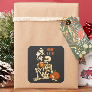 Gruseliger Gemütlicher Halloween-Kürbis-Kaffee-Ske Quadratischer Aufkleber