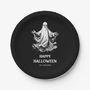 Gruseliger glücklicher Halloween mit schwarzem und Pappteller