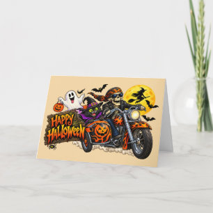 Gruseliger glücklicher Halloween-Motorrad-Skelett- Karte