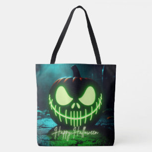 Gruseliger grüner leuchtender Halloween-Kürbis Tasche