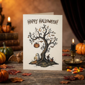 Gruseliger Halloween-Baum mit Geistern und Flederm Karte