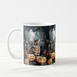 Gruseliger Halloween Bengal-Kater mit Kürbissen Kaffeetasse