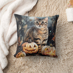 Gruseliger Halloween Bengal-Kater mit Kürbissen Kissen