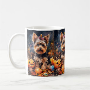 Gruseliger Halloween Biewer Terrier mit Kürbissen Kaffeetasse