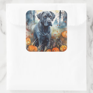 Gruseliger Halloween Cane Corso mit Kürbissen Quadratischer Aufkleber