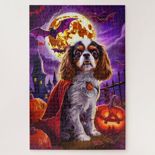 Gruseliger Halloween Cavalier King Vampir-Kürbis Puzzle (Vertikal)
