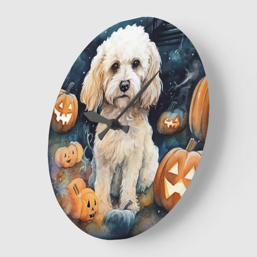Gruseliger Halloween-Cockapoo mit Kürbissen Große Wanduhr (Winkel)