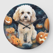 Gruseliger Halloween-Cockapoo mit Kürbissen Große Wanduhr (Vorderseite)