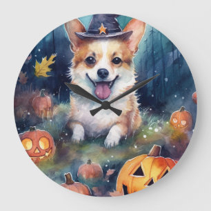 Gruseliger Halloween-Corgi mit Kürbissen Große Wanduhr
