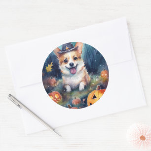 Gruseliger Halloween-Corgi mit Kürbissen Runder Aufkleber