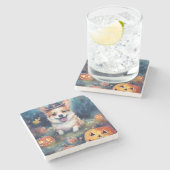 Gruseliger Halloween-Corgi mit Kürbissen Steinuntersetzer (Seitenansicht)