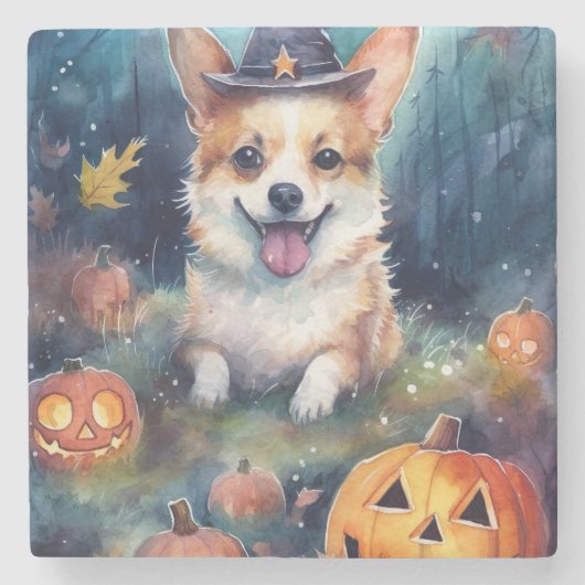 Gruseliger Halloween-Corgi mit Kürbissen Steinuntersetzer (Vorderseite)