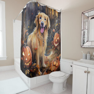 Gruseliger Halloween Golden Retriever mit Kürbisse Duschvorhang